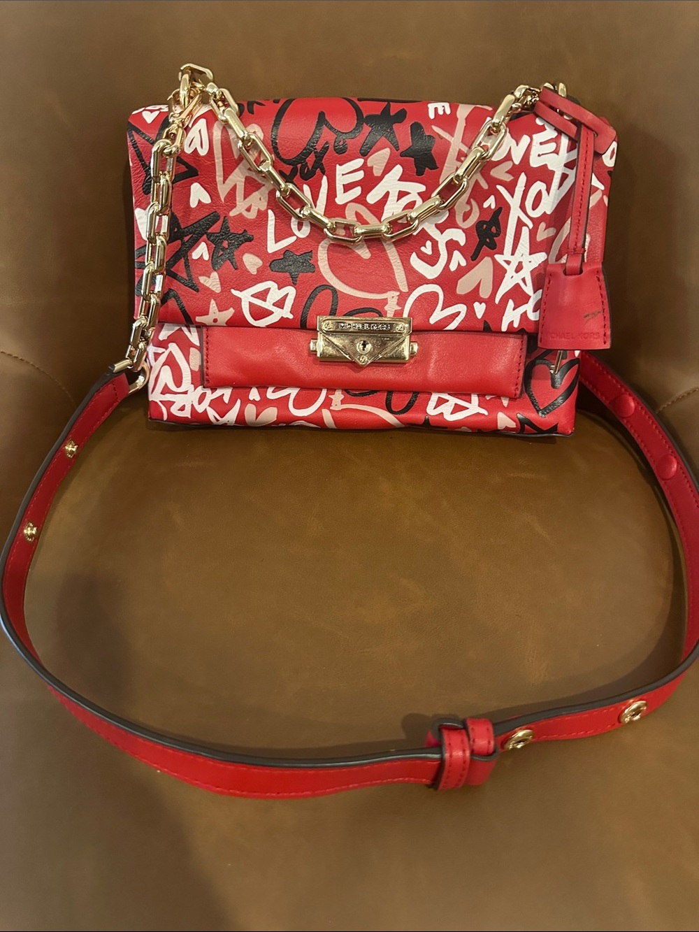 Rare Michael Kors Red Graffiti Print Shoulder Bag with Gold Chain